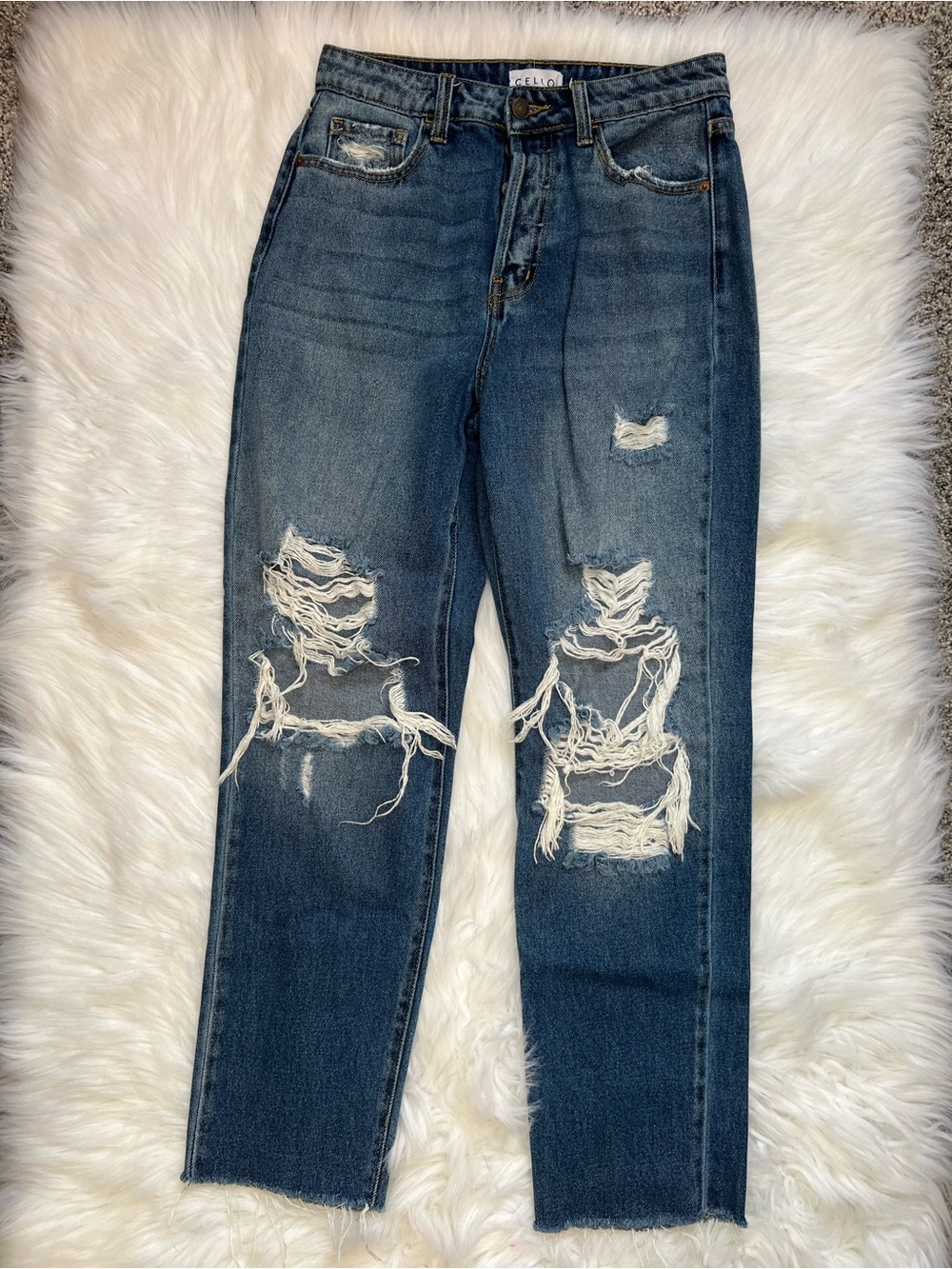 Cello Dark Blue Distressed Straight Leg Jeans